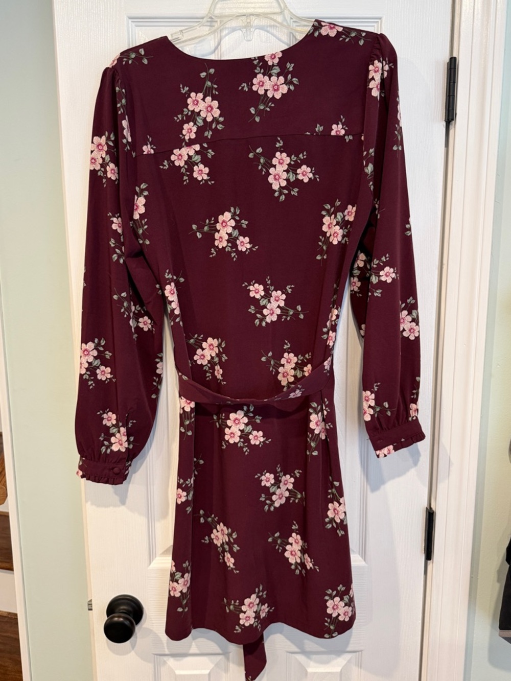 LOFT Burgundy Floral Long-Sleeve Wrap Dress - Picture 2 of 4